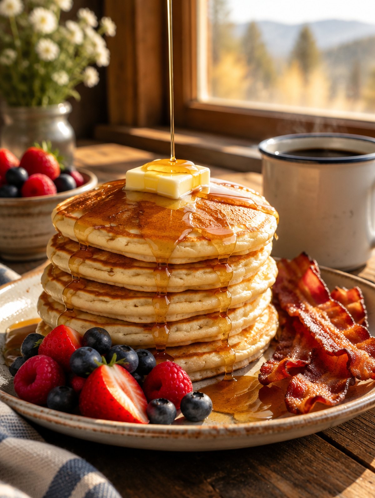 Stack of pancakes with maple syrup and coffee