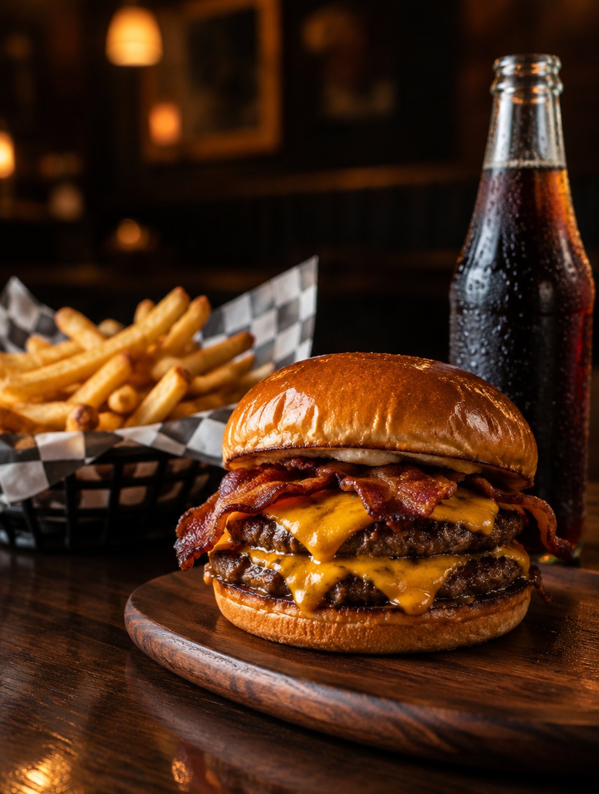 The house smash burger with fries and a cold soda