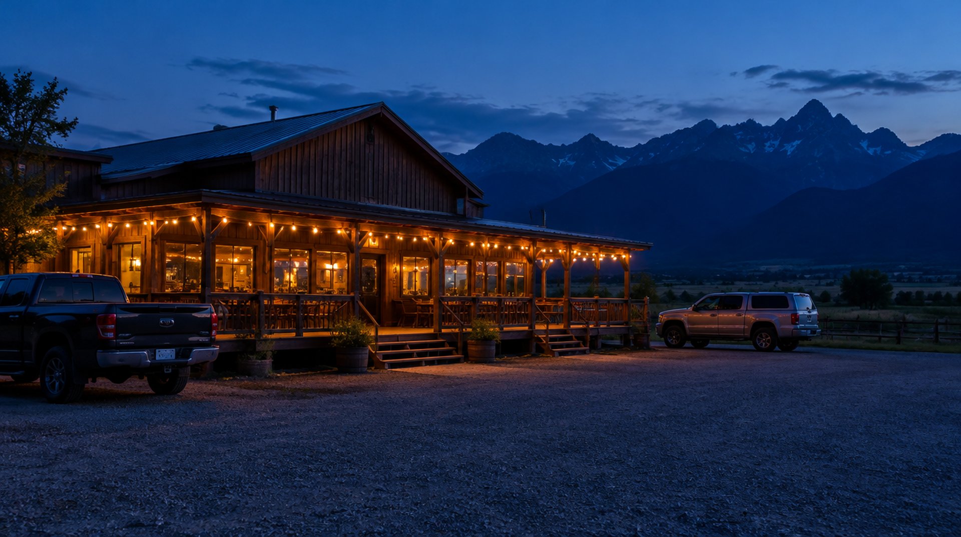 Route 33 exterior at blue hour — the glowing roadhouse under the mountains