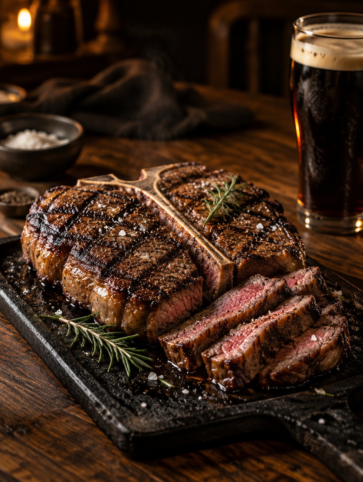 Grilled T-bone steak on a cast-iron board with a dark beer